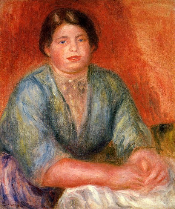 Сидящая женщина в голубом платье картина