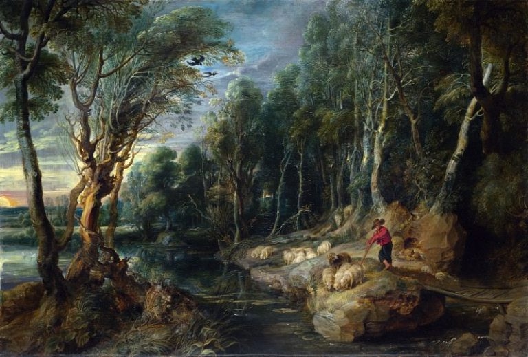 Лесной пейзаж с пастухом и овцами картина