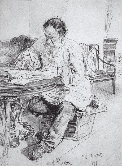 Л. Н. Толстой за работой у круглого стола картина