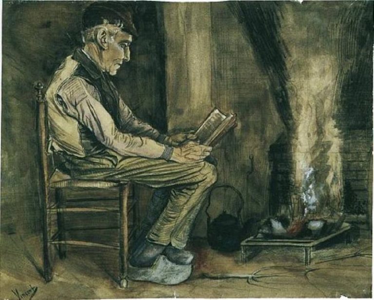 Крестьянин, сидящий и читающий у очага картина