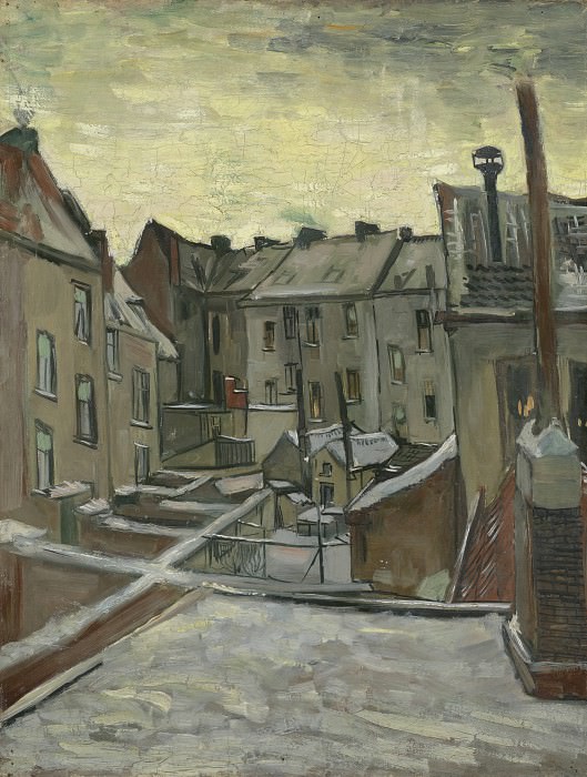 Задворки старых домов в Антверпене в снегу картина