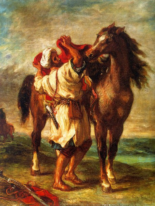 Марокканец, седлающий лошадь картина