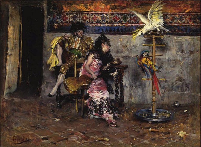 Коппия в испанском платье с двумя попугаями матадора картина