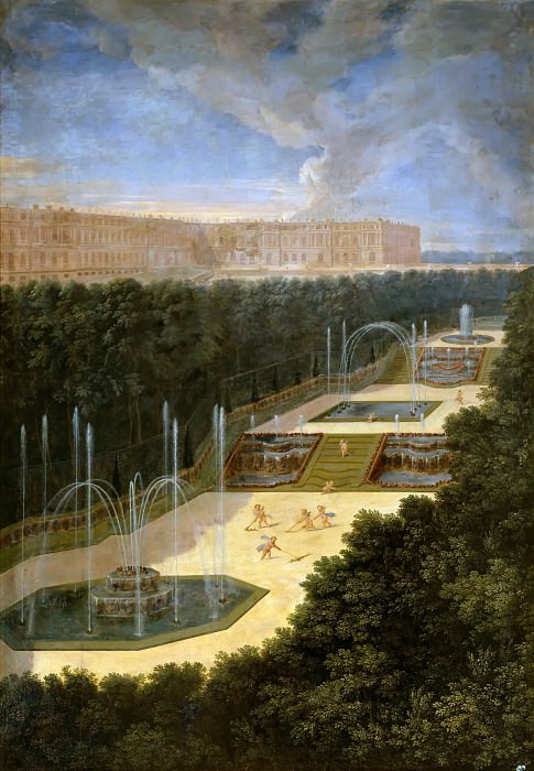 Жан Котель – Вид на три фонтана среди рощи на фоне дворца картина