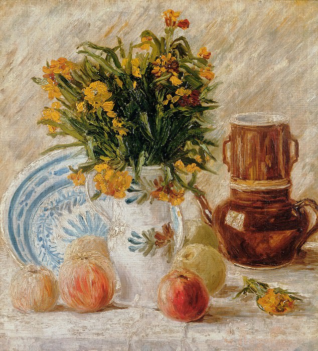 Ваза с цветами, кофейник и фрукты картина