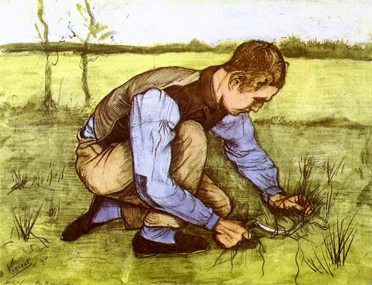 Мальчик, cрезающий траву серпом картина