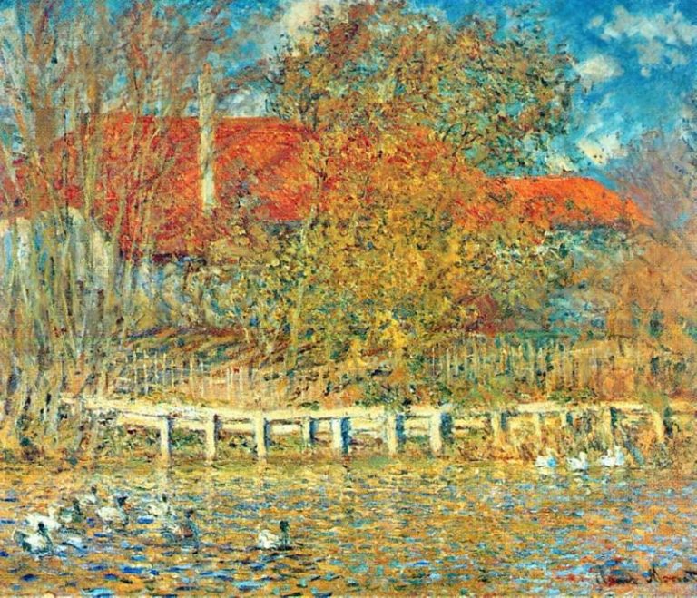 Осенний пруд с утками картина
