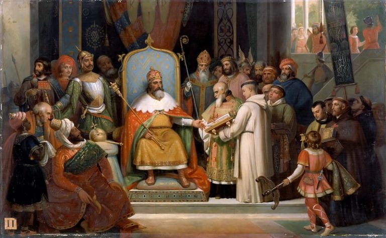 Лор, Жюль – Карломан в окружении приближенных получает в дар от Алкуина монастырские манускрипты картина