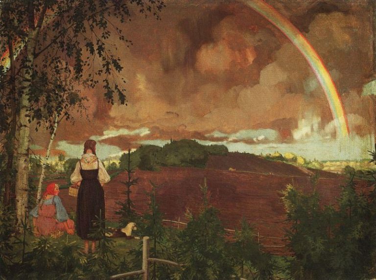 Пейзаж с двумя крестьянскими девушками и радугой картина