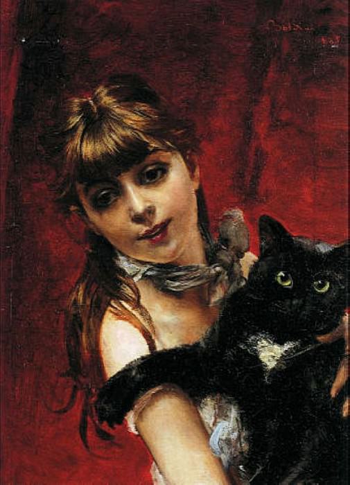 Девочка с черным котом в руках, 1885 картина