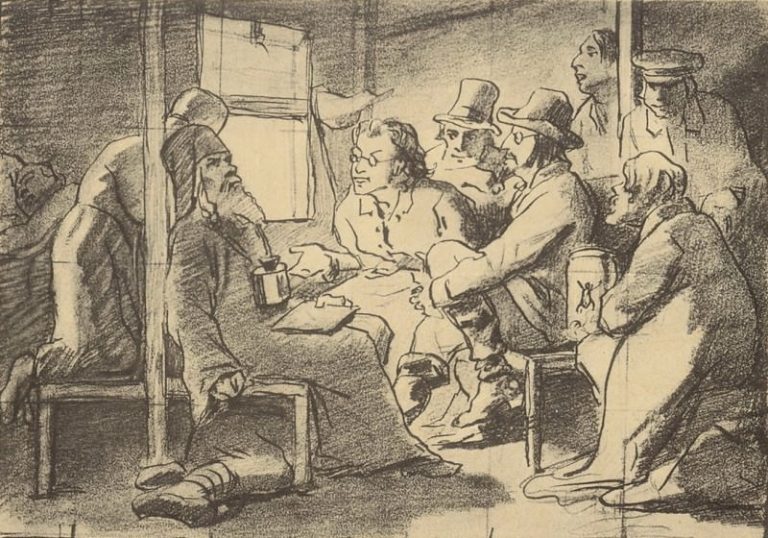 Спор о вере (сцена в вагоне). Рис. пером и к. 1880 24х33. 5 ГТГ картина