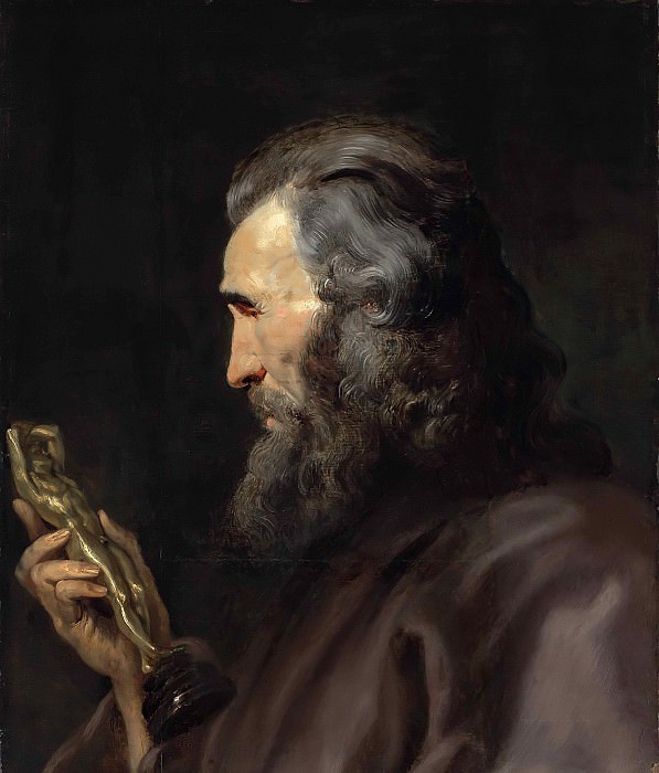 Бородатый мужчина в профиль с бронзовой статуэткой в руках картина