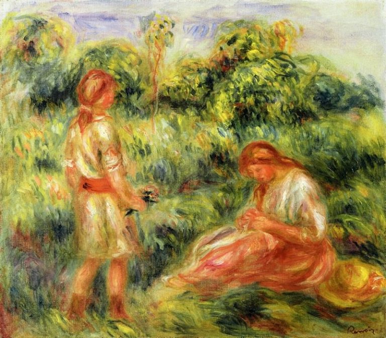 Две молодые женщины в пейзаже картина