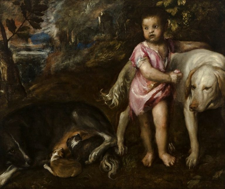 Мальчик с собаками на фоне пейзажа картина