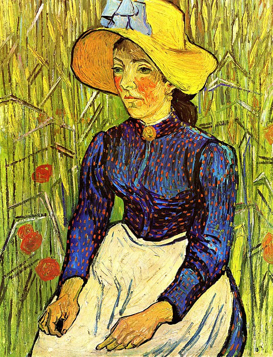 Молодая крестьянка в соломенной шляпке, сидящая в пшенице картина