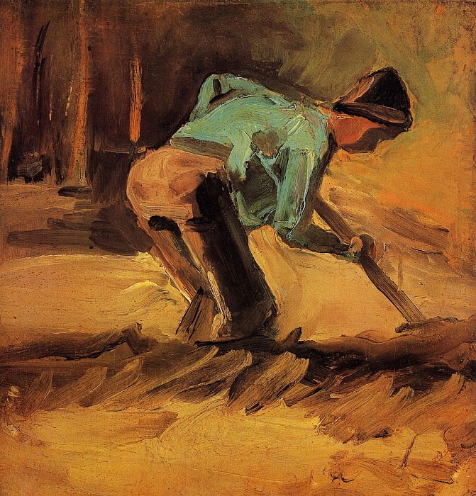 Наклонившийся мужчина с лопатой картина