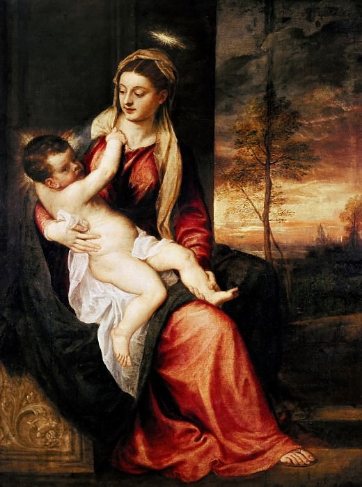 Мадонна с младенцем на закате картина