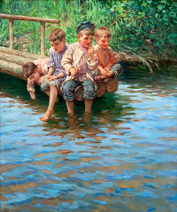 Четыре мальчика рыбачат на берегу картина