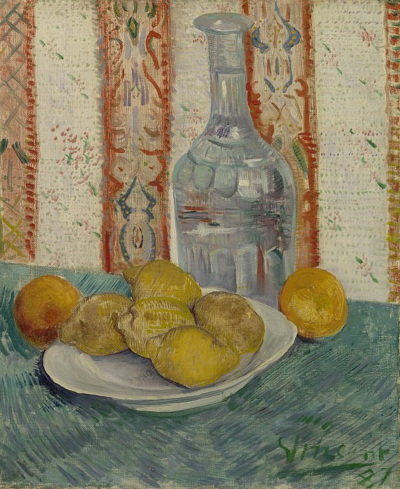 Натюрморт с лимонами на тарелке и графином картина