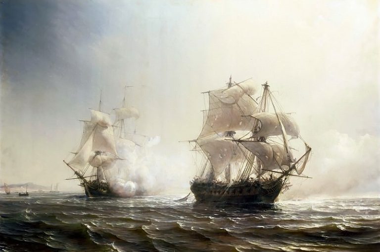 Гюден, Жан Антуан Теодор – Морской бой между французским и английским фрегатами Эмбускадом и Бостоном близ Нью-Йорка 30 июля 1793 года картина