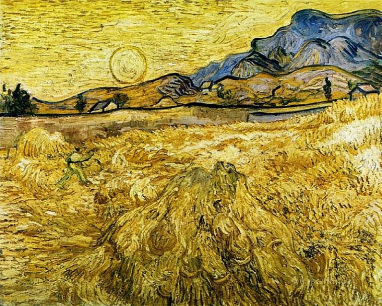 Пшеничное поле со жнецом и солнцем картина