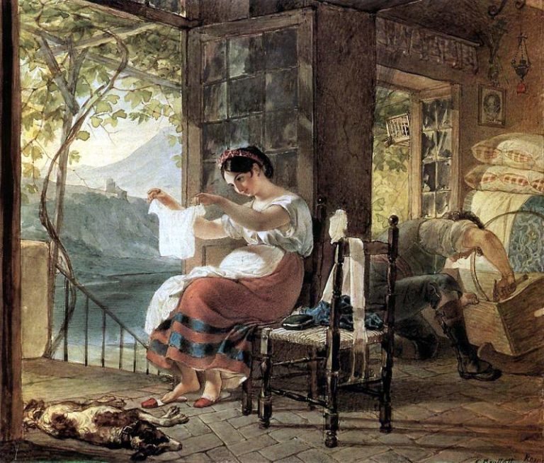 Итальянка, ожидающая ребенка, разглядывает рубашку, муж сколачивает колыбель. 1831 картина