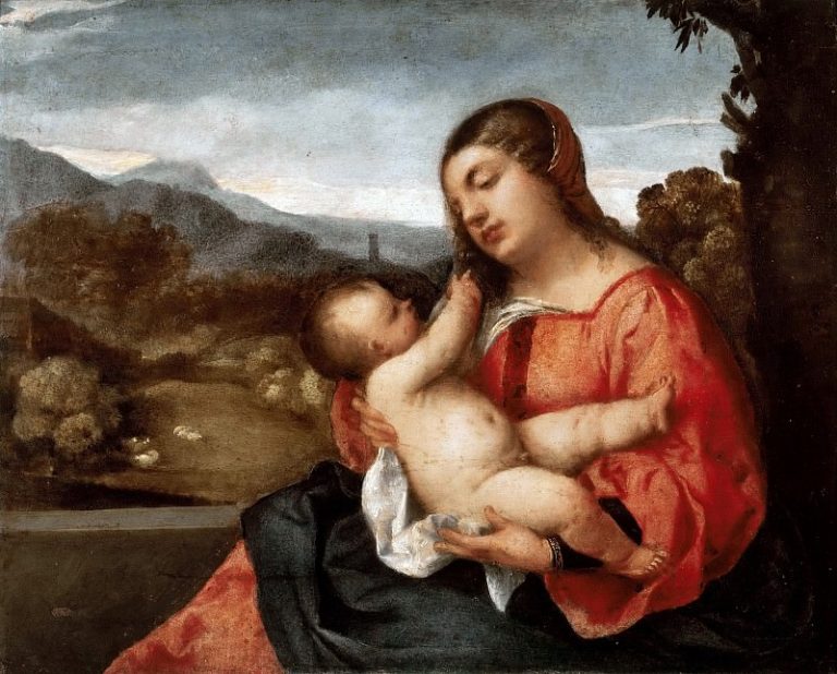 Мадонна с Младенцем на фоне сельского пейзажа картина