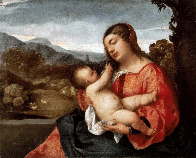 Мадонна с Младенцем на фоне сельского пейзажа картина