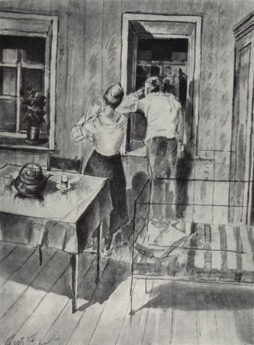 Первый эскиз картины 1919 год. Тревога. 1925 картина