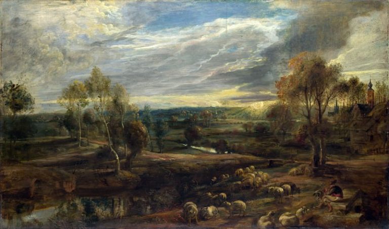 Пейзаж с пастухом и овцами картина