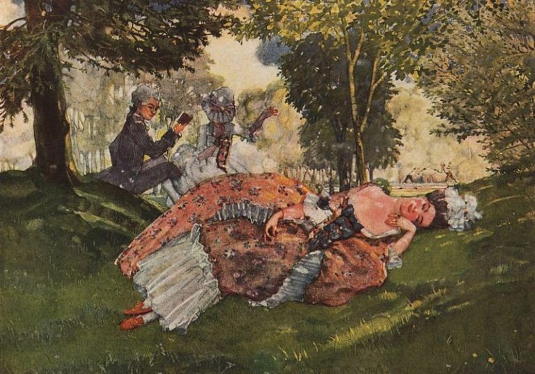 Заснувшая на траве молодая женщина картина