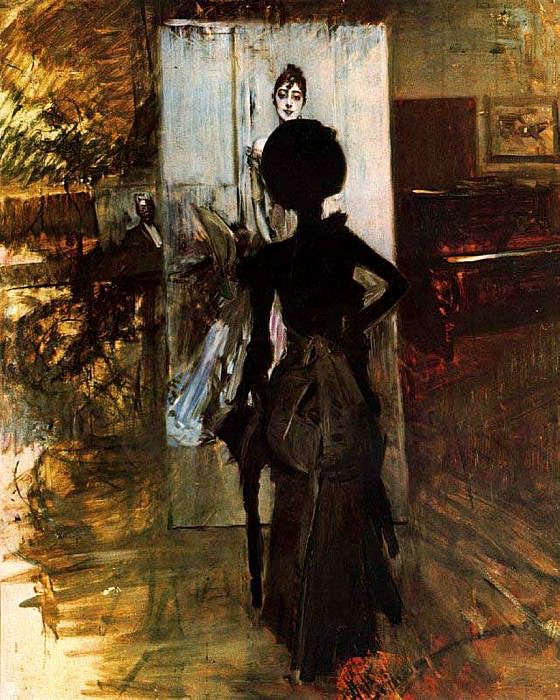 Женщина в черном рассматривает пастельный портрет синьоры Кончи де Осса, 1888 картина
