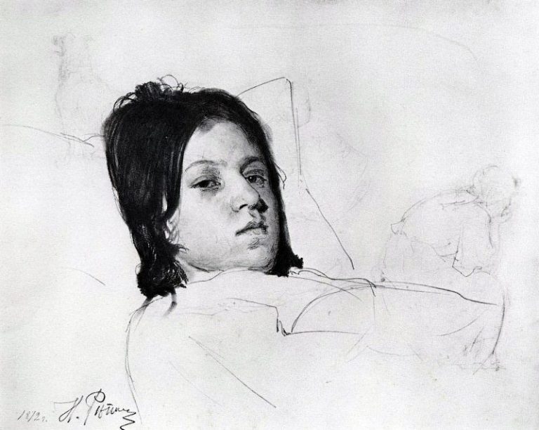Женская голова (В. А. Репина, лежащая в постели) картина