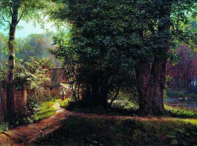 Пейзаж с деревьями, домами и рекой. 1878 картина