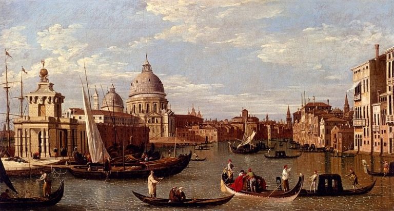Каналь Джованни Антонио (Каналетто) – Вид на Большой Канал и церковь Санта Мария делла Салуте с лодками и фигурами на переднем картина