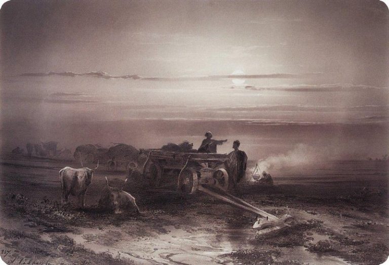 Привал обоза чумаков в степи 2. 1867 картина