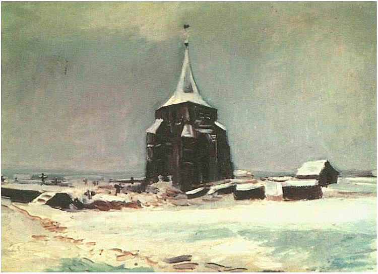Старая кладбищенская башня в Нейнене в снег картина