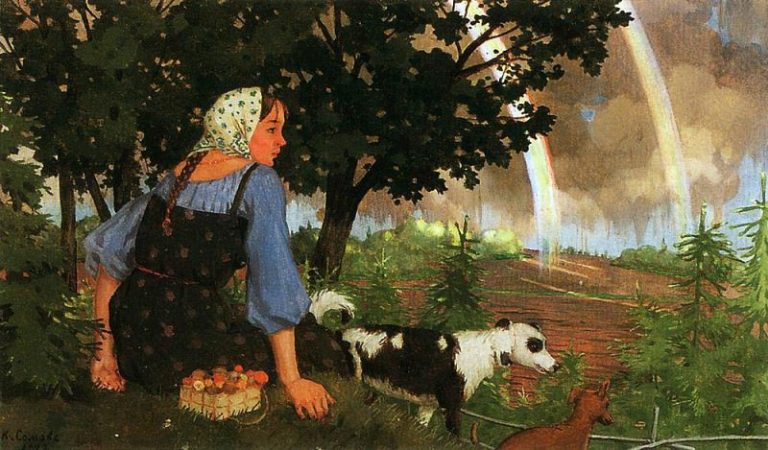 Девушка с грибами под радугой картина