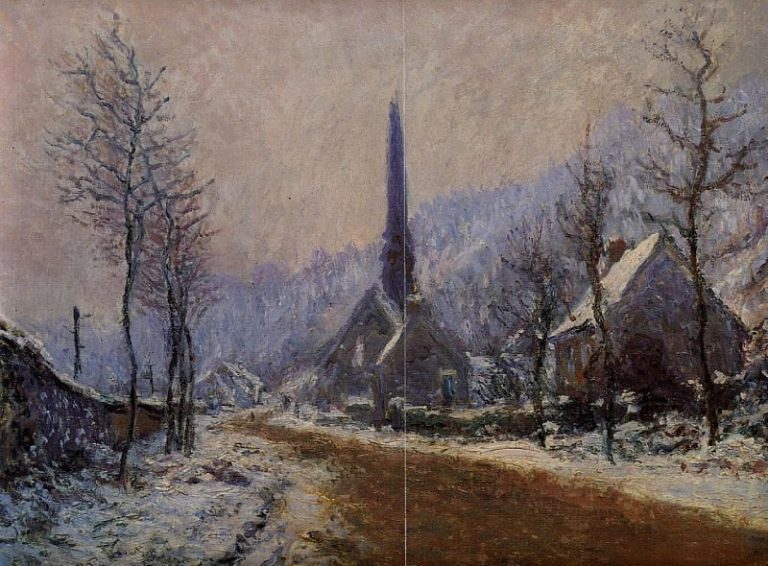 Церковь в Jeufosse, снежная погода картина