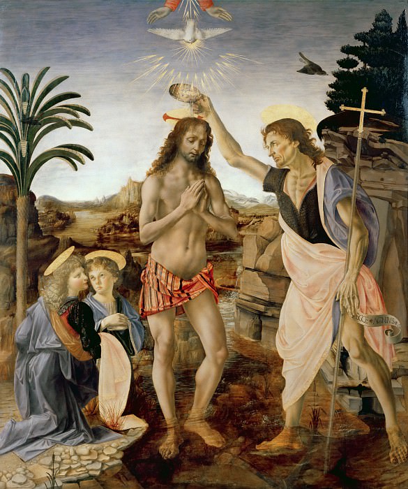 Крещение Христа (работа Верроккьо, ангел слева – работа да Винчи) картина