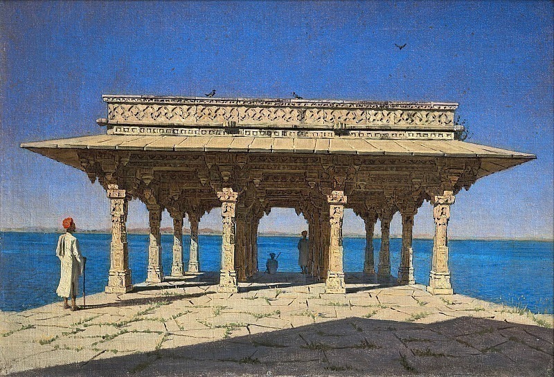 Вечер на озере. Один из павильонов на Мраморной набережной в Раджнагаре (княжество Удайпур) картина