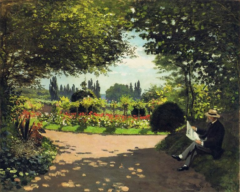 Адольф Моне читает в саду картина