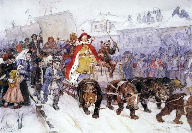 Большой маскарад в 1722 году на улицах Москвы с участием Петра I и князя-кесаря И. Ф. Ромодановского картина