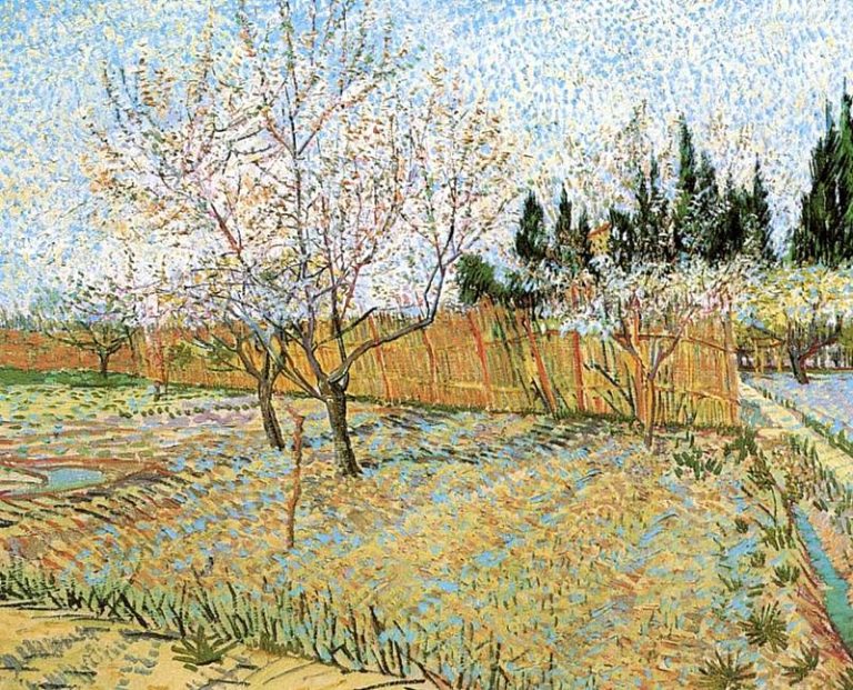 Сад с цветущими персиками картина