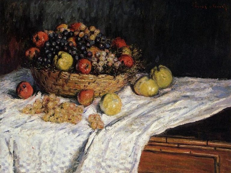 Корзина фруктов с яблоками и виноградом картина