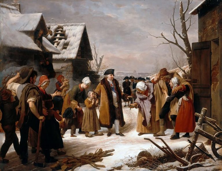 Луи Эрсан – Людовик XVI, раздающий милостыню крестьянам Версаля зимой 1788 года картина