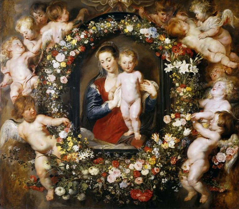 Мадонна с Младенцем в цветочной гирлянде картина