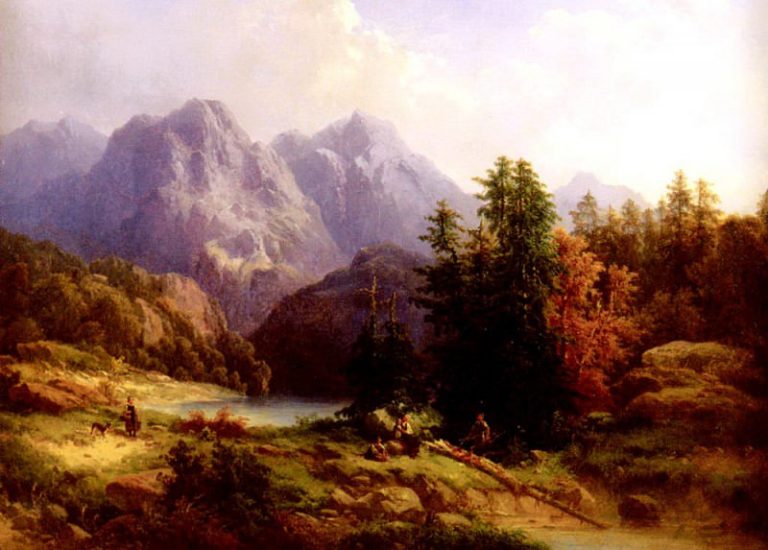 Баумгартнер Х. – Лесник с семейством на фоне альпийского пейзажа картина