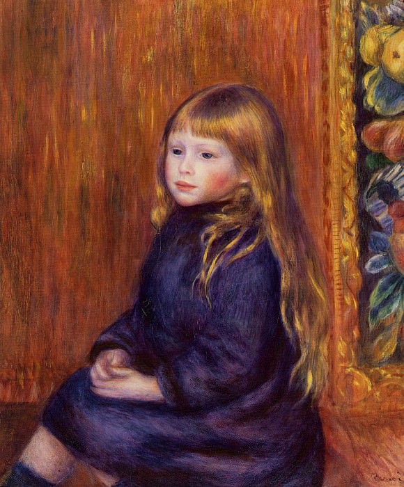 Сидящий ребенок в синем платье картина