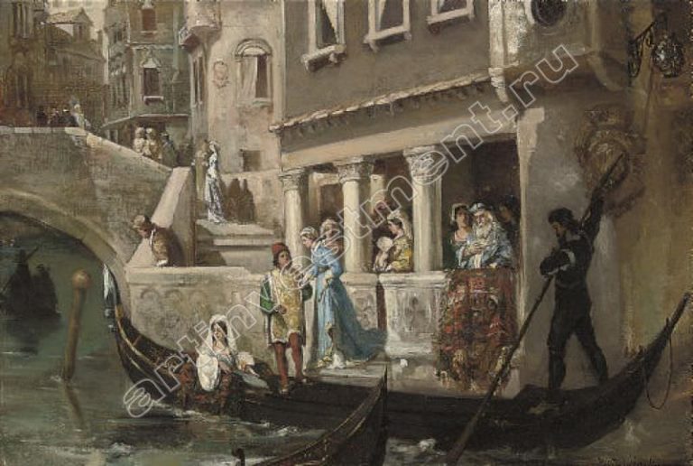 Знатные венецианцы у гондолы картина
